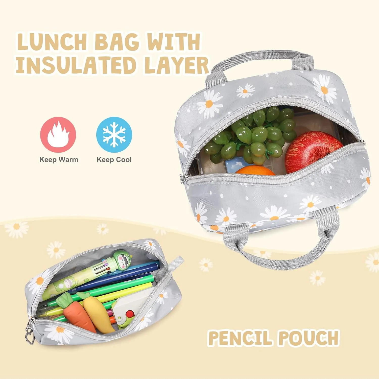 Backpack for Girls - Girls Backpack with Lunch Bag & Pencil Pouch for Teen Girls Kids Laptop Backpack for Women, Elementary Middle High School Bookbag Travel Daypack (Gray Daisy)