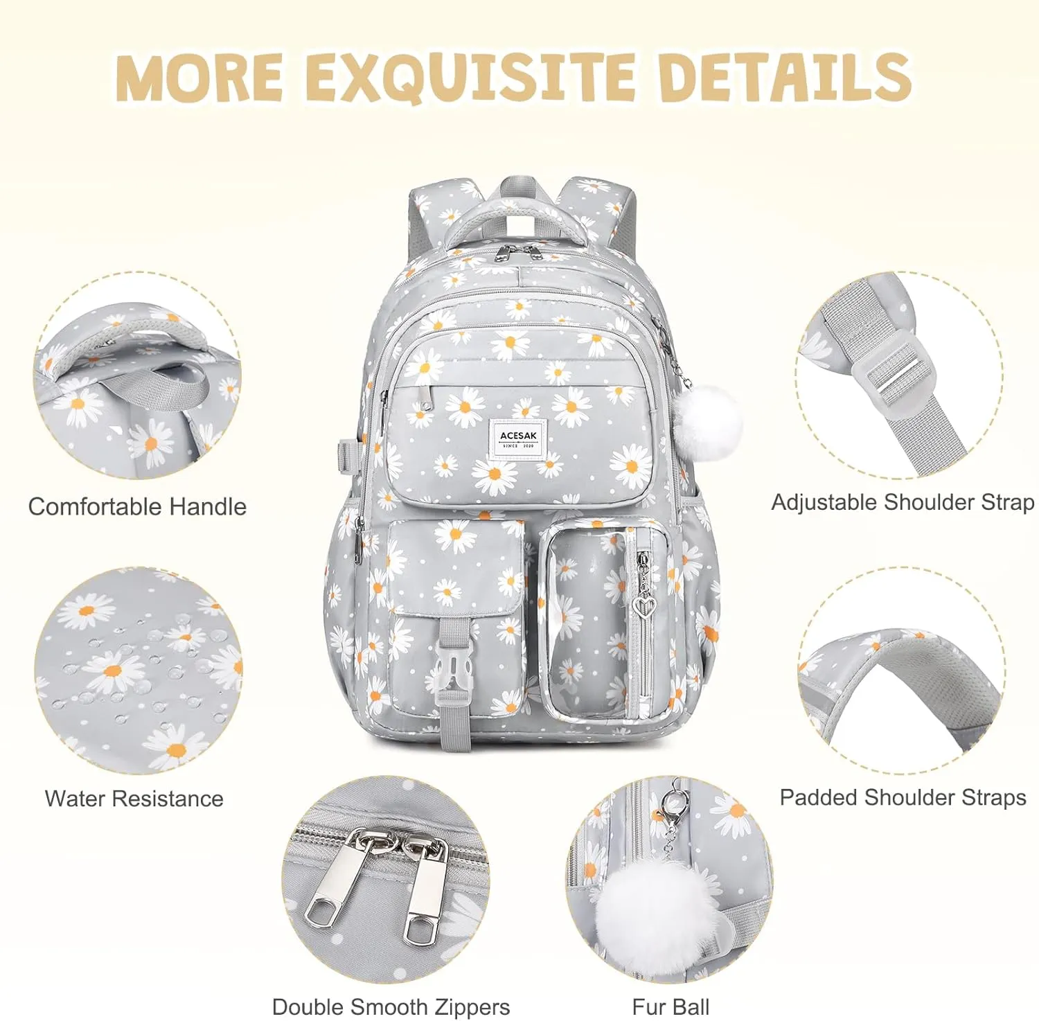 Backpack for Girls - Girls Backpack with Lunch Bag & Pencil Pouch for Teen Girls Kids Laptop Backpack for Women, Elementary Middle High School Bookbag Travel Daypack (Gray Daisy)