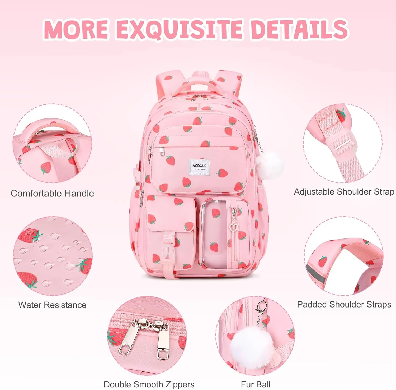 Backpack for Girls - Girls Backpack with Lunch Bag & Pencil Pouch for Teen Girls Kids Laptop Backpack for Women, Elementary Middle High School Bookbag Travel Daypack (Pink Strawberry)
