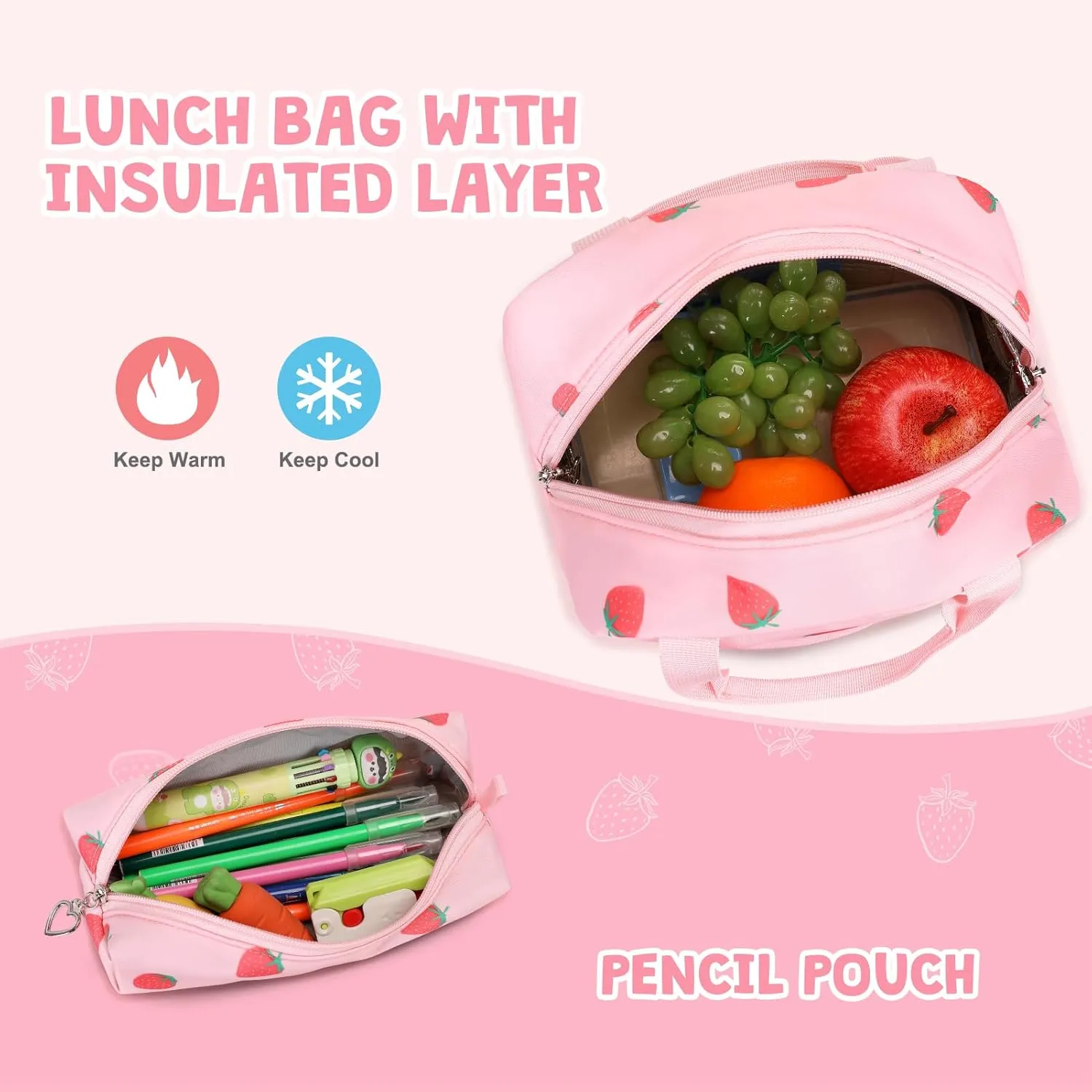 Backpack for Girls - Girls Backpack with Lunch Bag & Pencil Pouch for Teen Girls Kids Laptop Backpack for Women, Elementary Middle High School Bookbag Travel Daypack (Pink Strawberry)