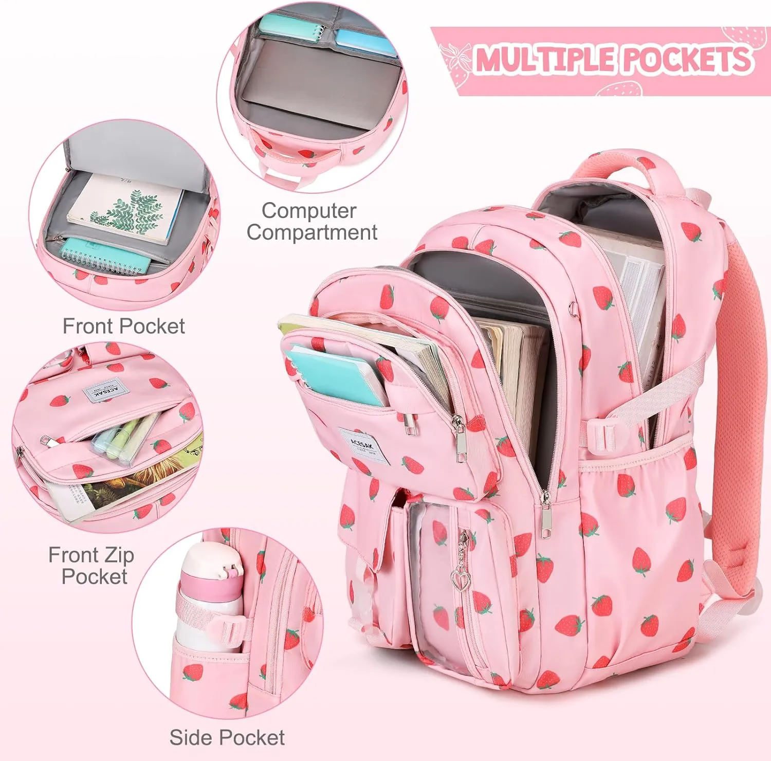Backpack for Girls - Girls Backpack with Lunch Bag & Pencil Pouch for Teen Girls Kids Laptop Backpack for Women, Elementary Middle High School Bookbag Travel Daypack (Pink Strawberry)
