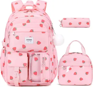 Backpack for Girls - Girls Backpack with Lunch Bag & Pencil Pouch for Teen Girls Kids Laptop Backpack for Women, Elementary Middle High School Bookbag Travel Daypack (Pink Strawberry)