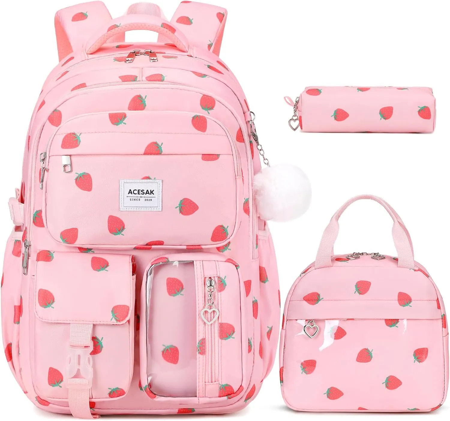 Backpack for Girls - Girls Backpack with Lunch Bag & Pencil Pouch for Teen Girls Kids Laptop Backpack for Women, Elementary Middle High School Bookbag Travel Daypack (Pink Strawberry)