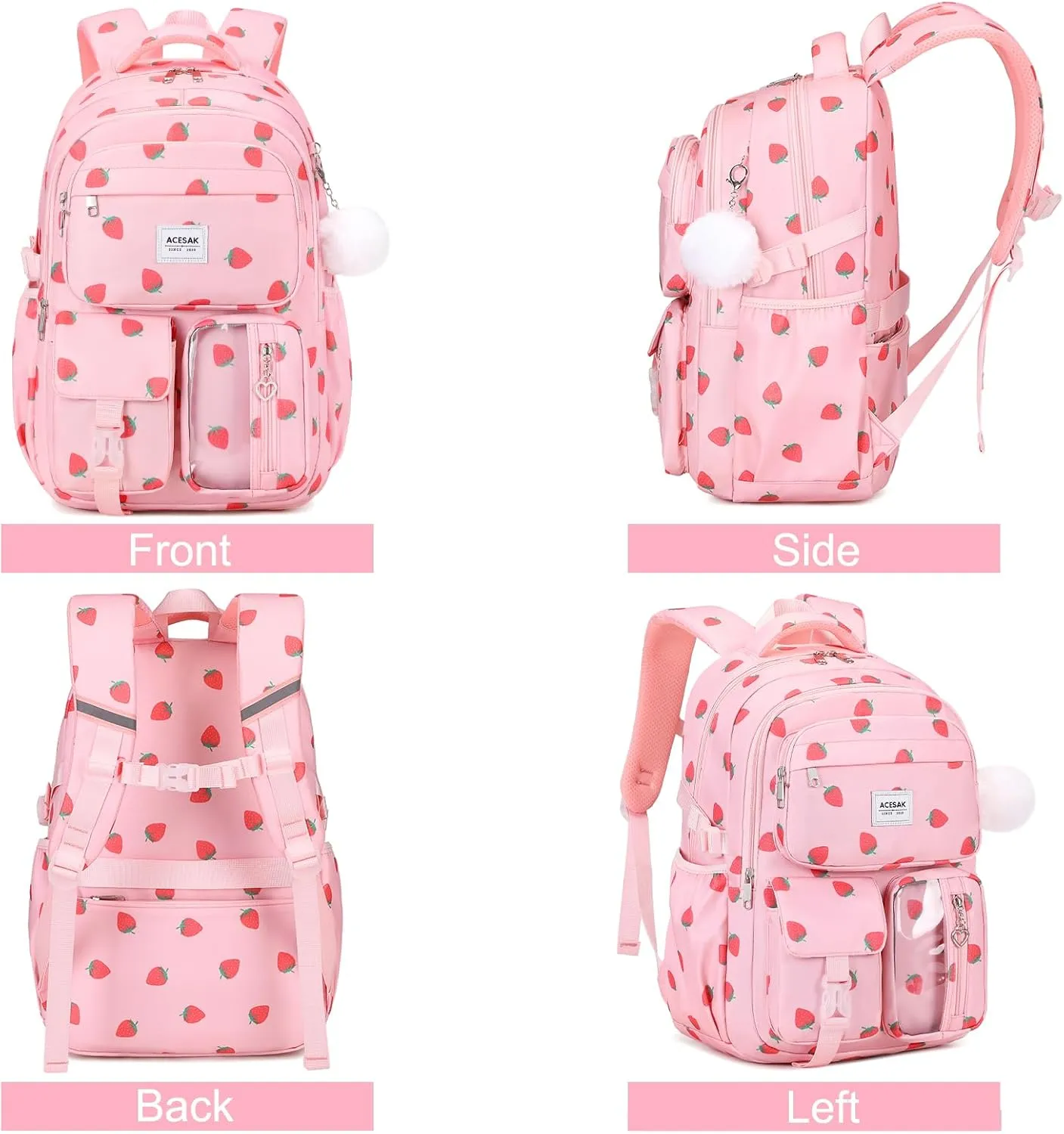Backpack for Girls - Girls Backpack with Lunch Bag & Pencil Pouch for Teen Girls Kids Laptop Backpack for Women, Elementary Middle High School Bookbag Travel Daypack (Pink Strawberry)