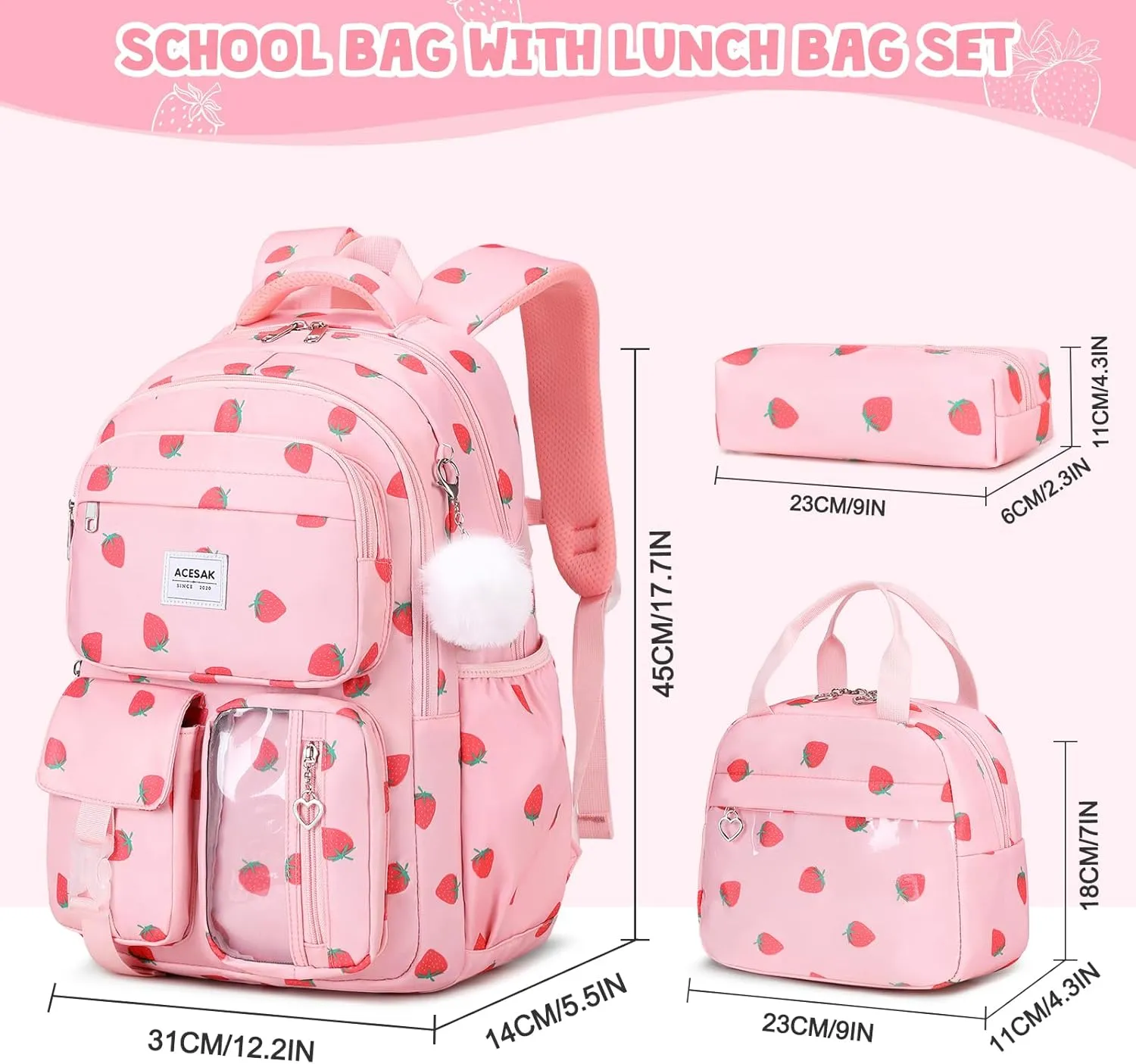 Backpack for Girls - Girls Backpack with Lunch Bag & Pencil Pouch for Teen Girls Kids Laptop Backpack for Women, Elementary Middle High School Bookbag Travel Daypack (Pink Strawberry)