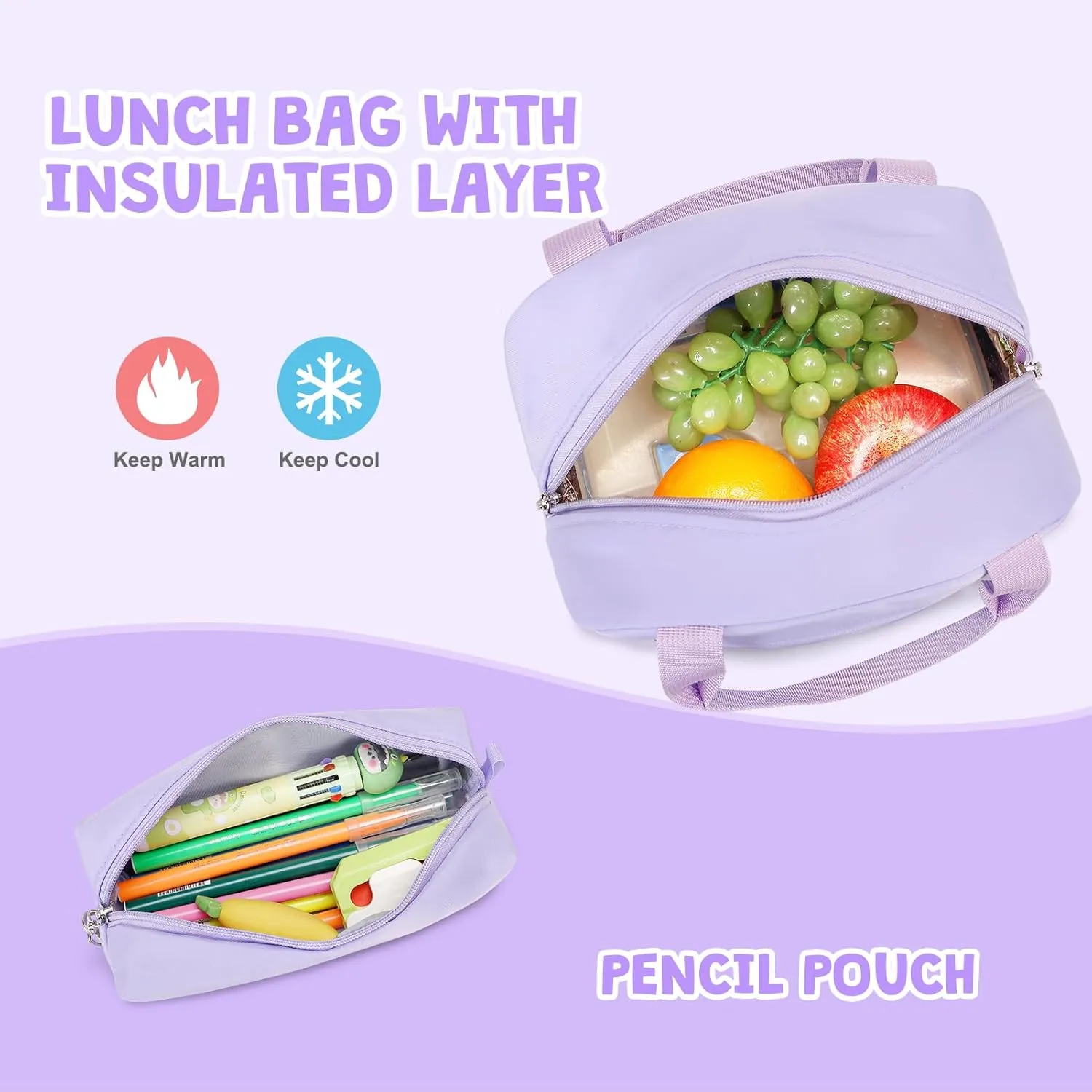 Backpack for Girls - Girls Backpack with Lunch Bag & Pencil Pouch for Teen Girls Kids Laptop Backpack for Women, Elementary Middle High School Bookbag Travel Daypack (Purple)
