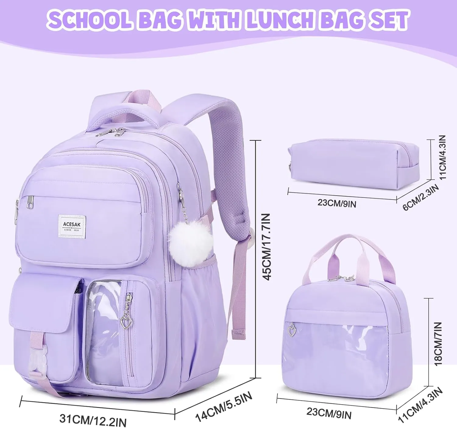 Backpack for Girls - Girls Backpack with Lunch Bag & Pencil Pouch for Teen Girls Kids Laptop Backpack for Women, Elementary Middle High School Bookbag Travel Daypack (Purple)