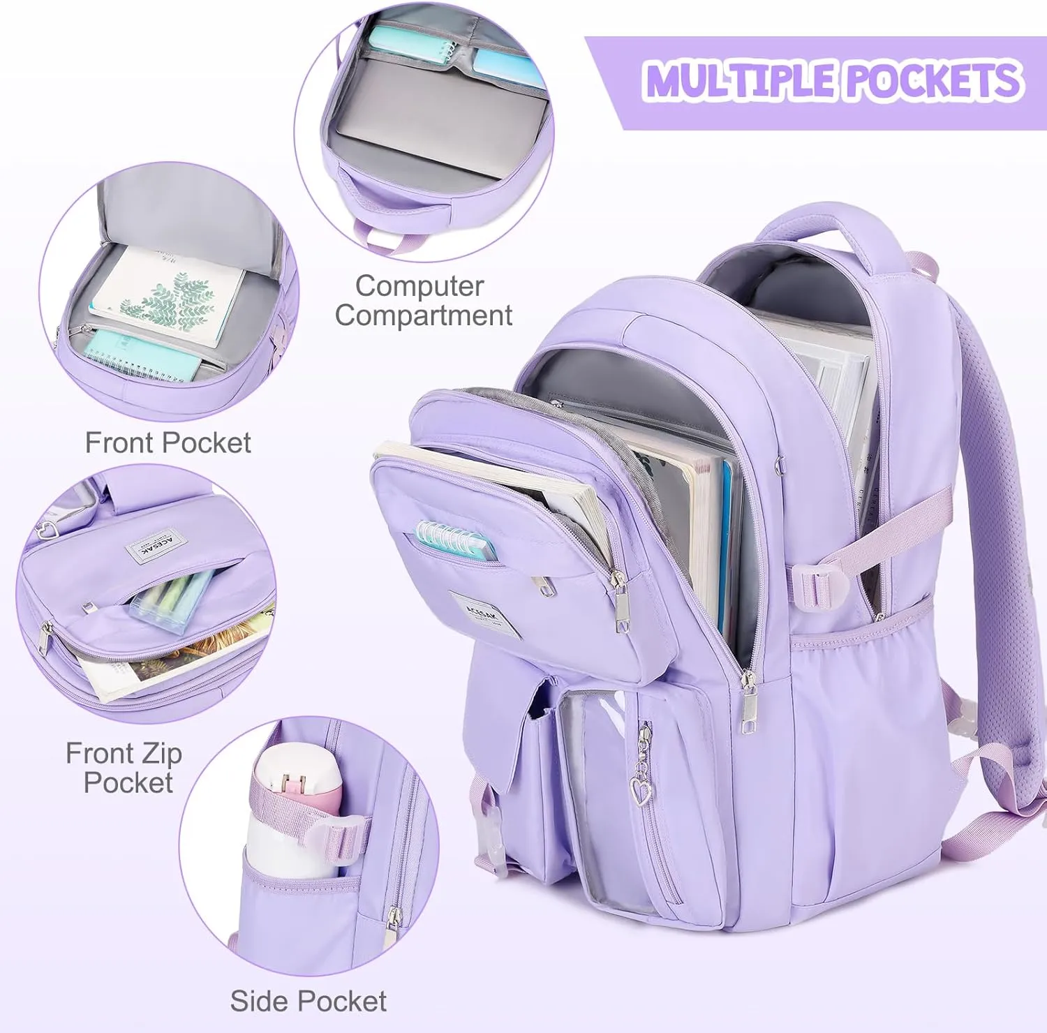 Backpack for Girls - Girls Backpack with Lunch Bag & Pencil Pouch for Teen Girls Kids Laptop Backpack for Women, Elementary Middle High School Bookbag Travel Daypack (Purple)