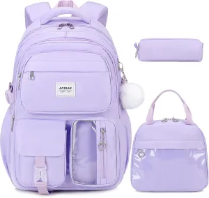 Backpack for Girls - Girls Backpack with Lunch Bag & Pencil Pouch for Teen Girls Kids Laptop Backpack for Women, Elementary Middle High School Bookbag Travel Daypack (Purple)