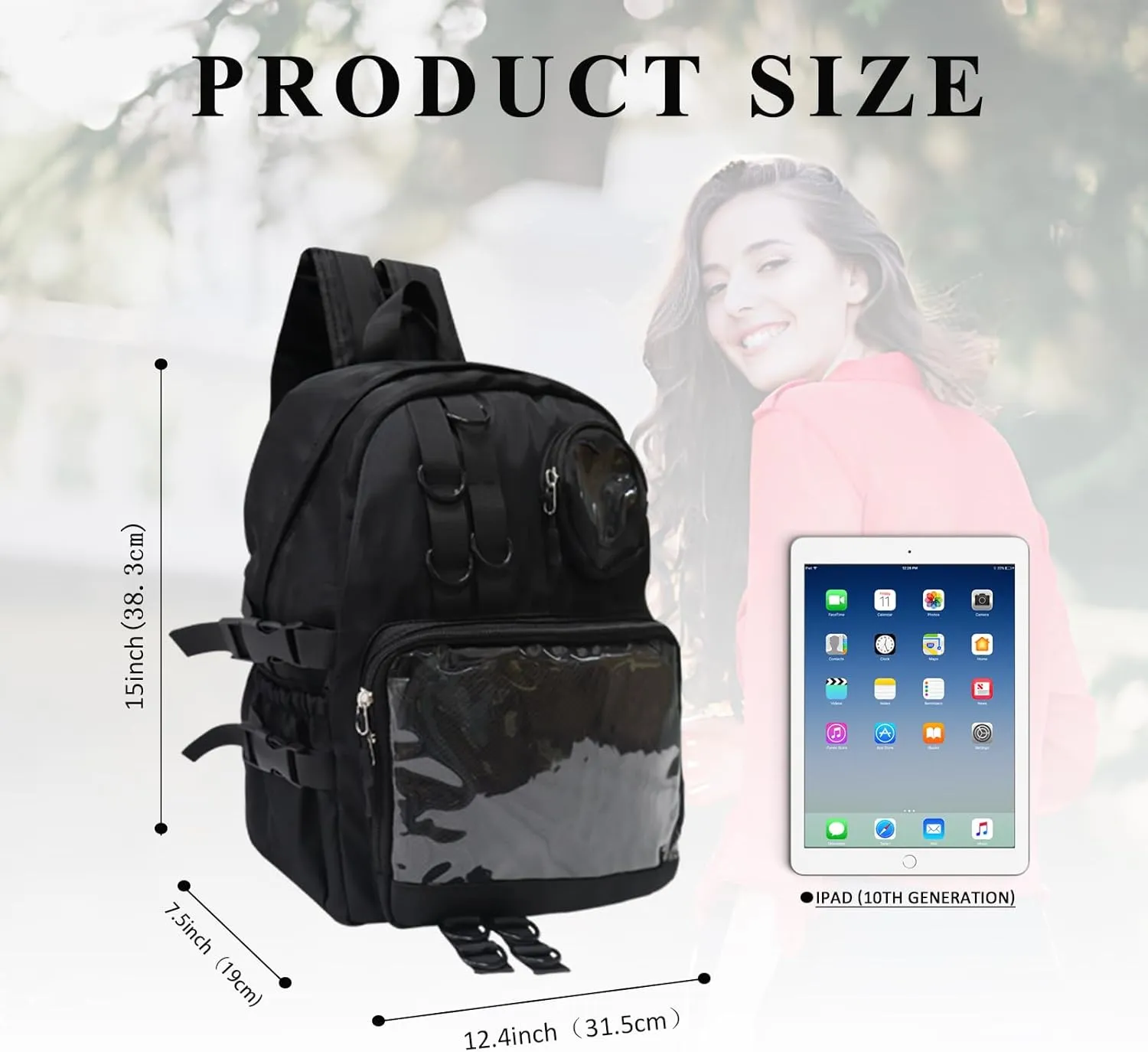 Backpack for Men Travel Women Work Casual Daypack Backpacks Hiking Bookbag,Anti Theft Carry On Clear Backpack,Cute Ita Bag with Pin Display Adjustable Strap Black