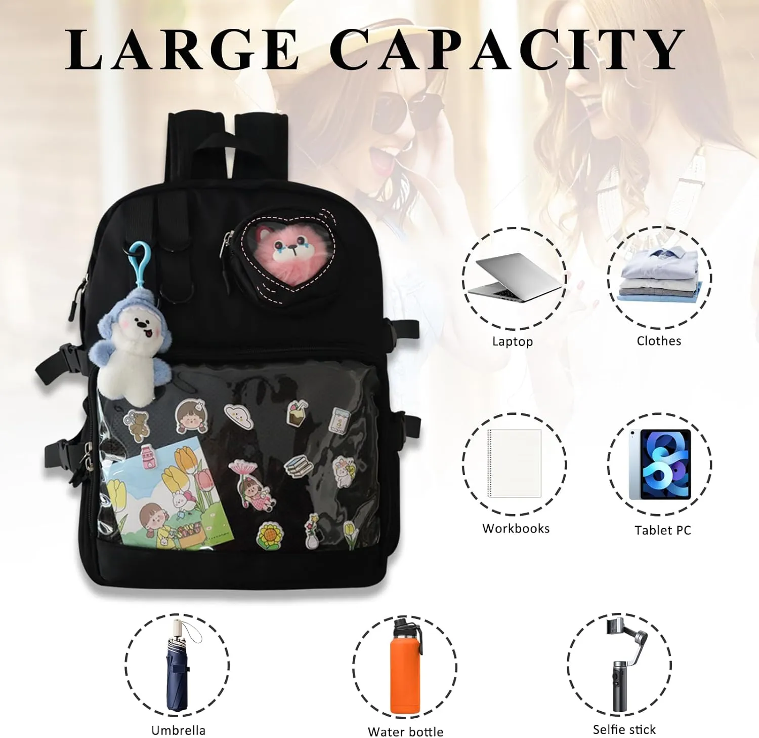 Backpack for Men Travel Women Work Casual Daypack Backpacks Hiking Bookbag,Anti Theft Carry On Clear Backpack,Cute Ita Bag with Pin Display Adjustable Strap Black