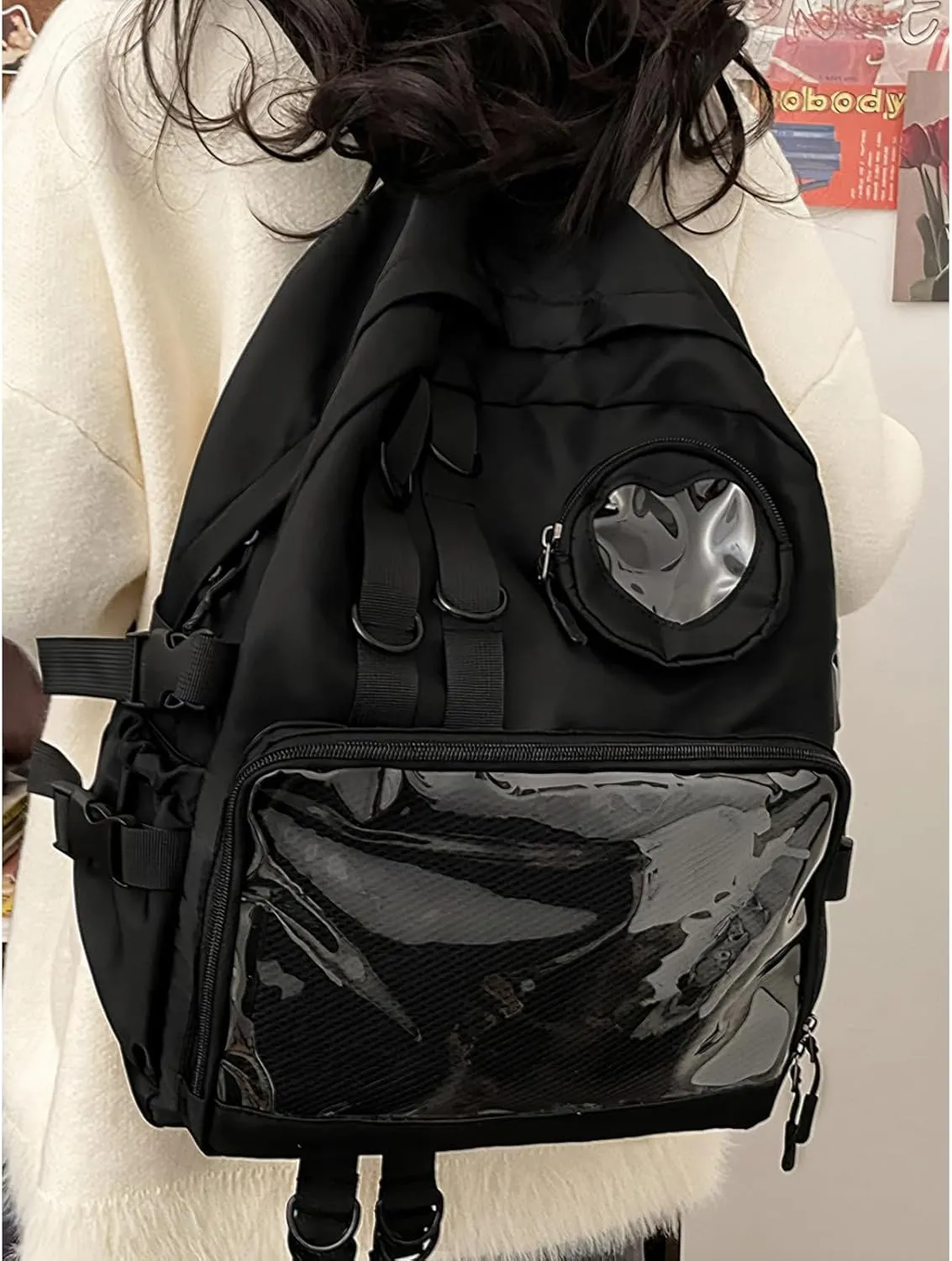 Backpack for Men Travel Women Work Casual Daypack Backpacks Hiking Bookbag,Anti Theft Carry On Clear Backpack,Cute Ita Bag with Pin Display Adjustable Strap Black