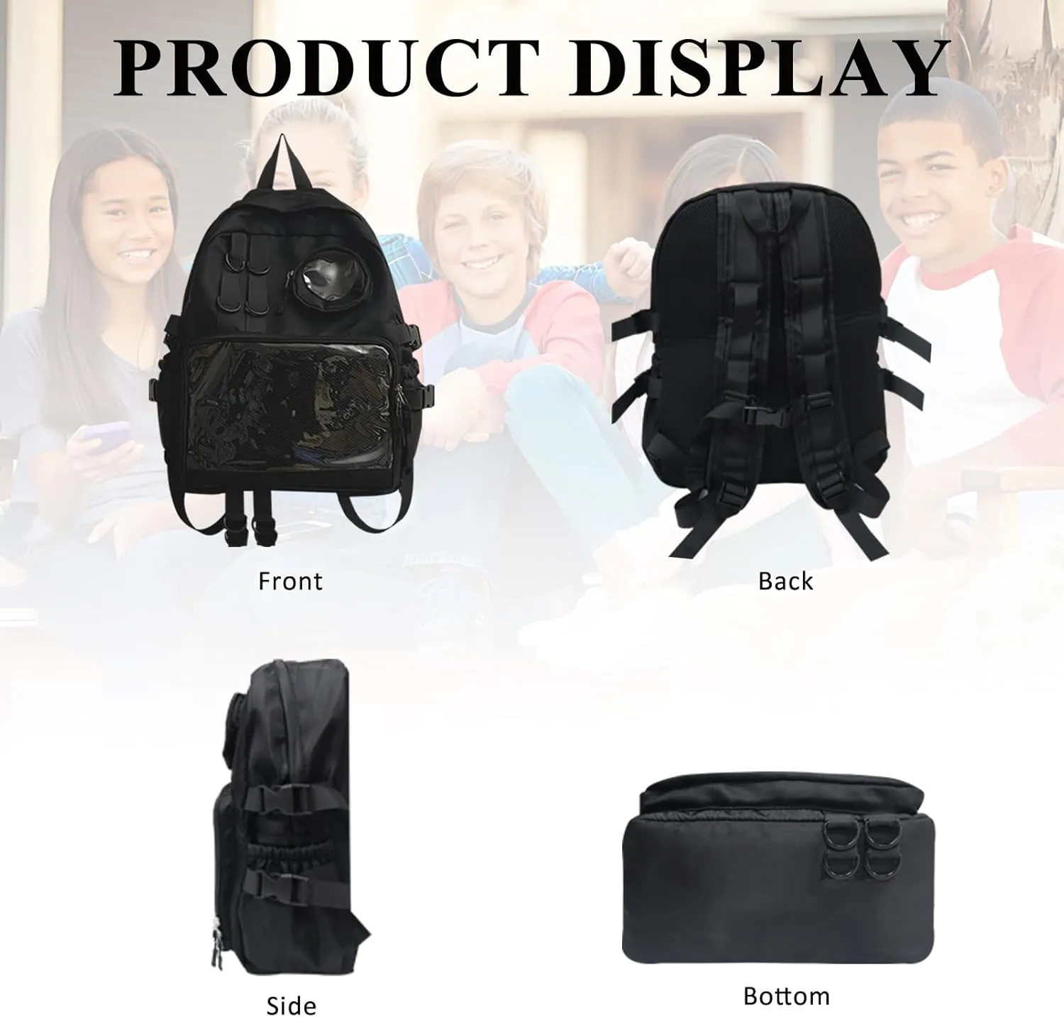Backpack for Men Travel Women Work Casual Daypack Backpacks Hiking Bookbag,Anti Theft Carry On Clear Backpack,Cute Ita Bag with Pin Display Adjustable Strap Black