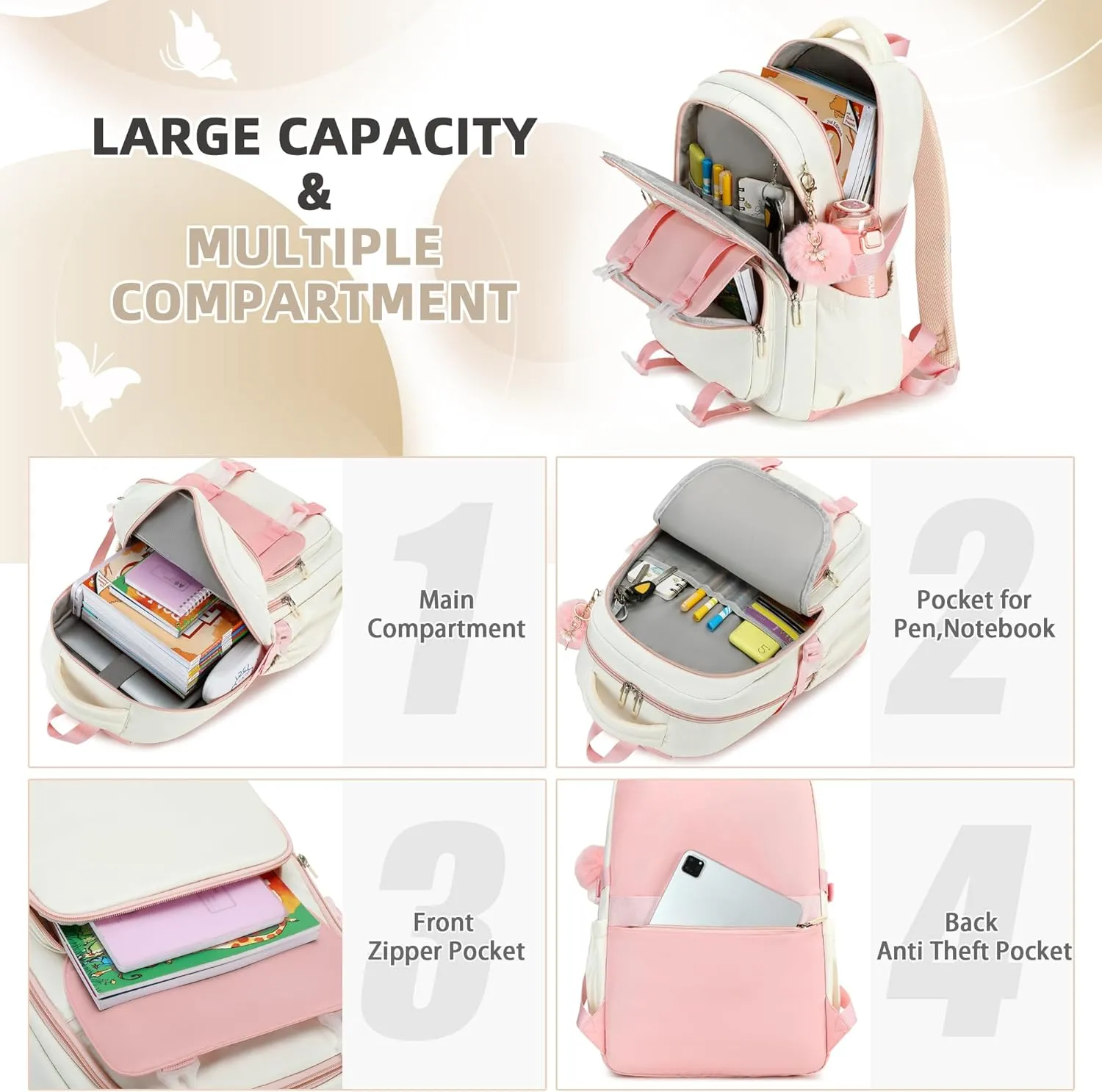 Backpacks for Girls,Laptop Bags for Women Men,3pcs Backpack with Lunch Bag Pencil Pouch Case for Teens Girl Kids Bookbag Elementary Middle School College Back Packs Student Daypack Pink Set