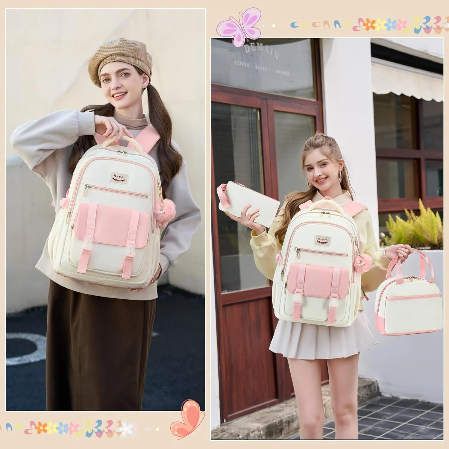 Backpacks for Girls,Laptop Bags for Women Men,3pcs Backpack with Lunch Bag Pencil Pouch Case for Teens Girl Kids Bookbag Elementary Middle School College Back Packs Student Daypack Pink Set