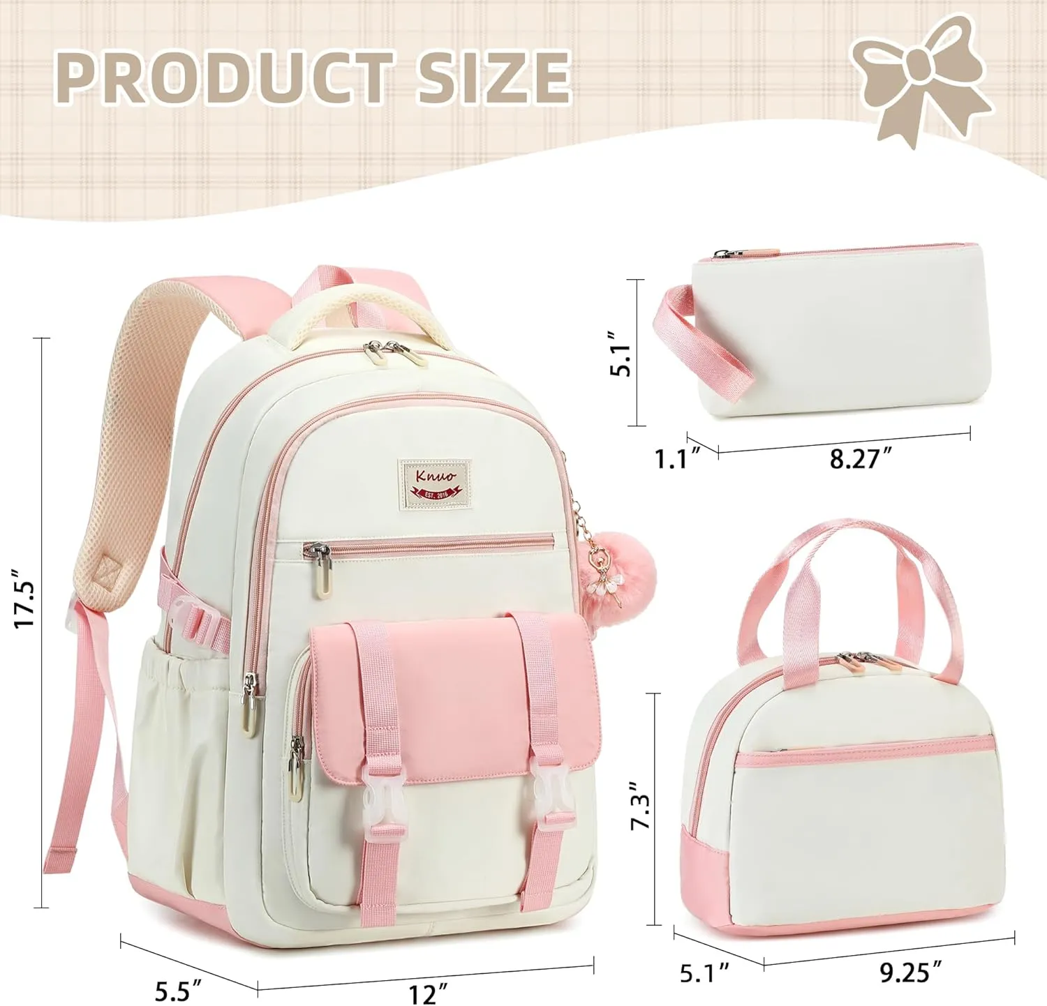 Backpacks for Girls,Laptop Bags for Women Men,3pcs Backpack with Lunch Bag Pencil Pouch Case for Teens Girl Kids Bookbag Elementary Middle School College Back Packs Student Daypack Pink Set