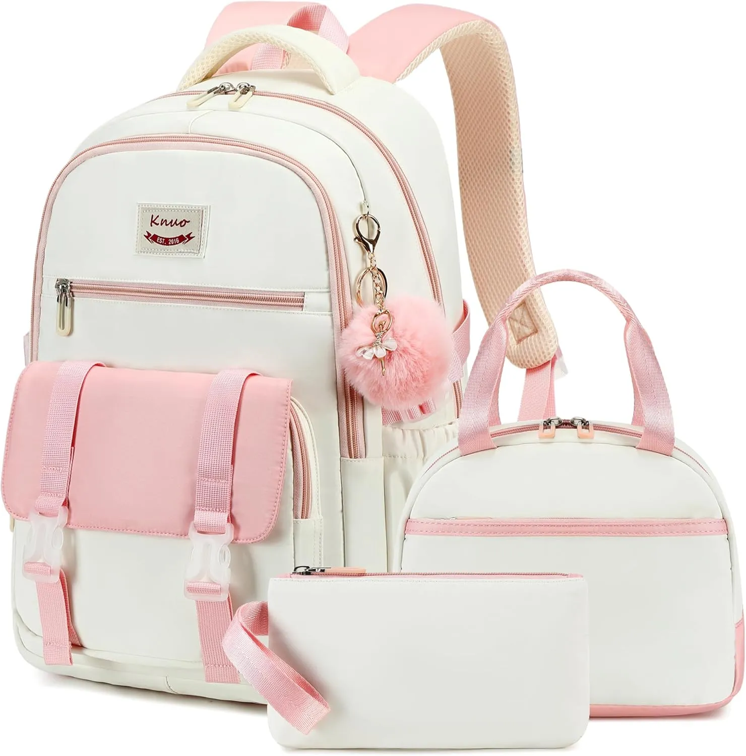 Backpacks for Girls,Laptop Bags for Women Men,3pcs Backpack with Lunch Bag Pencil Pouch Case for Teens Girl Kids Bookbag Elementary Middle School College Back Packs Student Daypack Pink Set