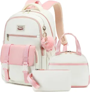 Backpacks for Girls,Laptop Bags for Women Men,3pcs Backpack with Lunch Bag Pencil Pouch Case for Teens Girl Kids Bookbag Elementary Middle School College Back Packs Student Daypack Pink Set