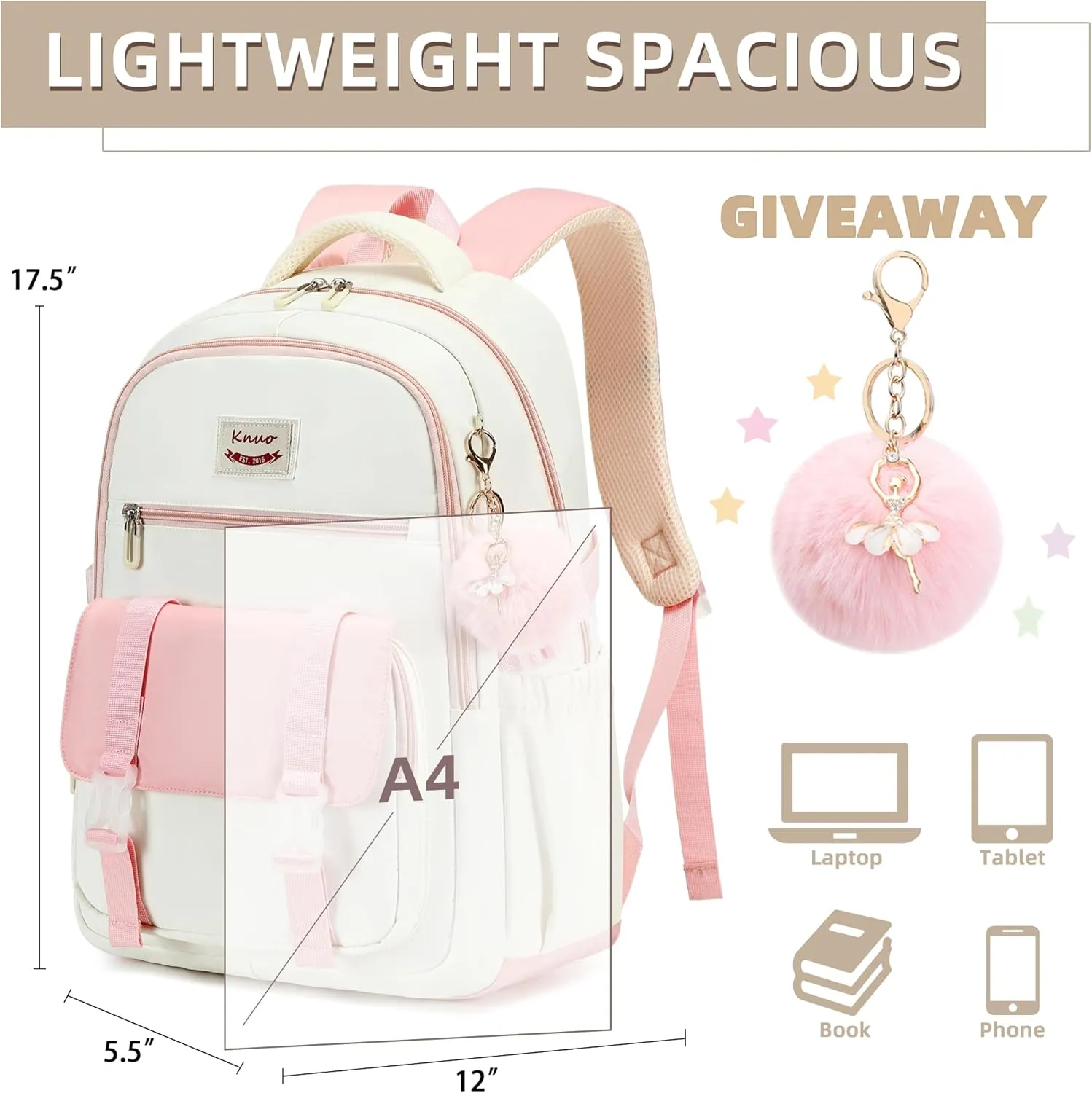Backpacks for Girls,Laptop Bags for Women Men,3pcs Backpack with Lunch Bag Pencil Pouch Case for Teens Girl Kids Bookbag Elementary Middle School College Back Packs Student Daypack Pink Set