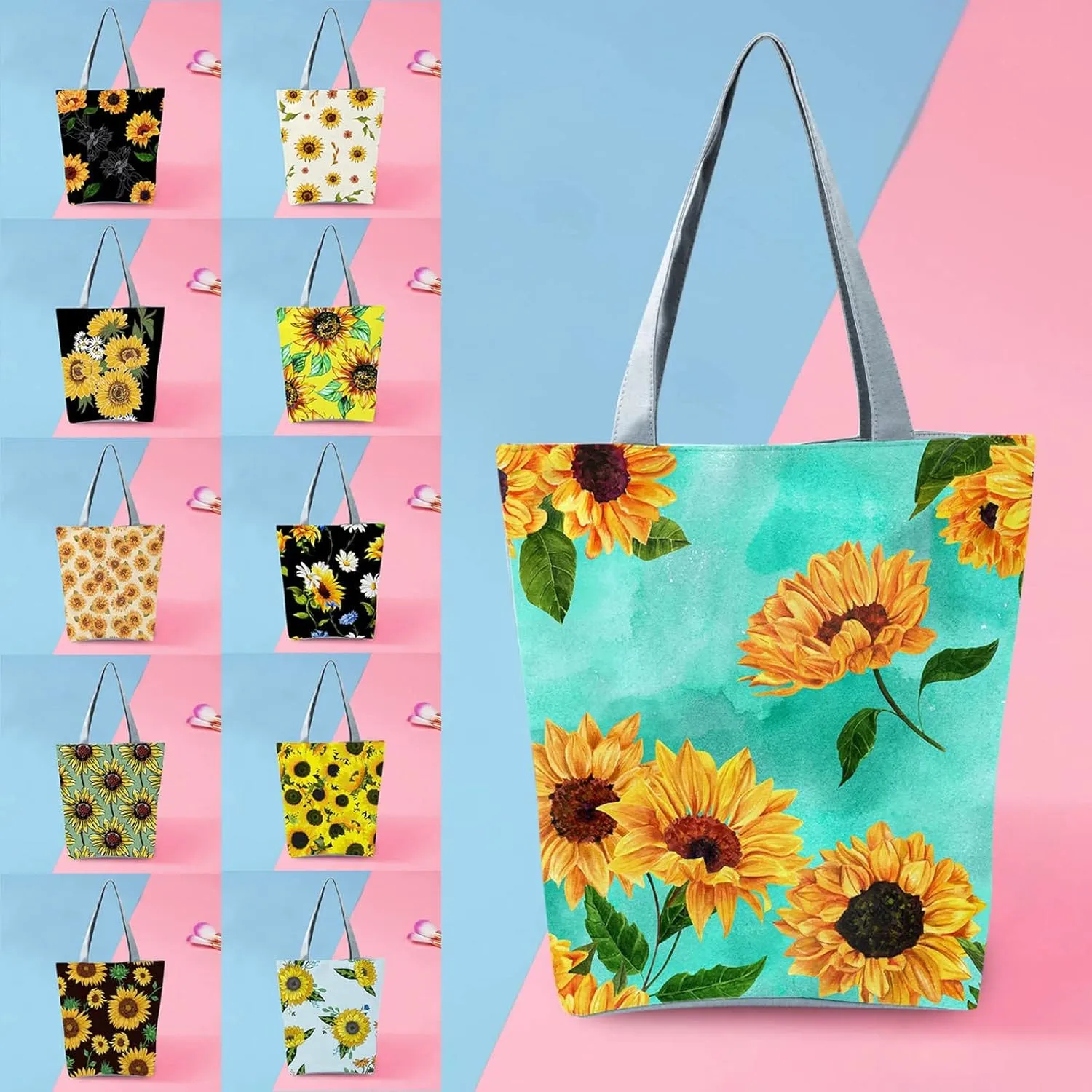 Beach Tote Bag Sunflower Printed Canvas Women's Casual Large Zippered Shoulder Bag For Outdoor Beach Travel Essential O