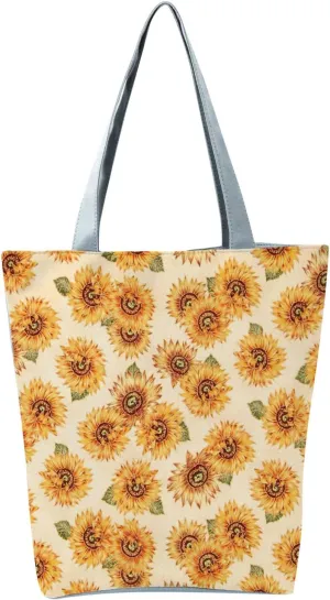 Beach Tote Bag Sunflower Printed Canvas Women's Casual Large Zippered Shoulder Bag For Outdoor Beach Travel Essential O