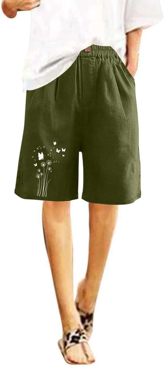 Bermuda Shorts for Women Elastic Waisted Knee Length Lounge Shorts Causal Dandelion Walking Short Pant with Pockets