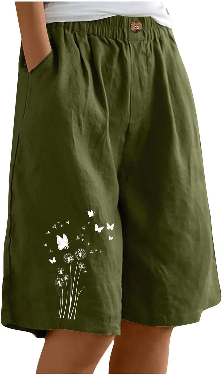 Bermuda Shorts for Women Elastic Waisted Knee Length Lounge Shorts Causal Dandelion Walking Short Pant with Pockets