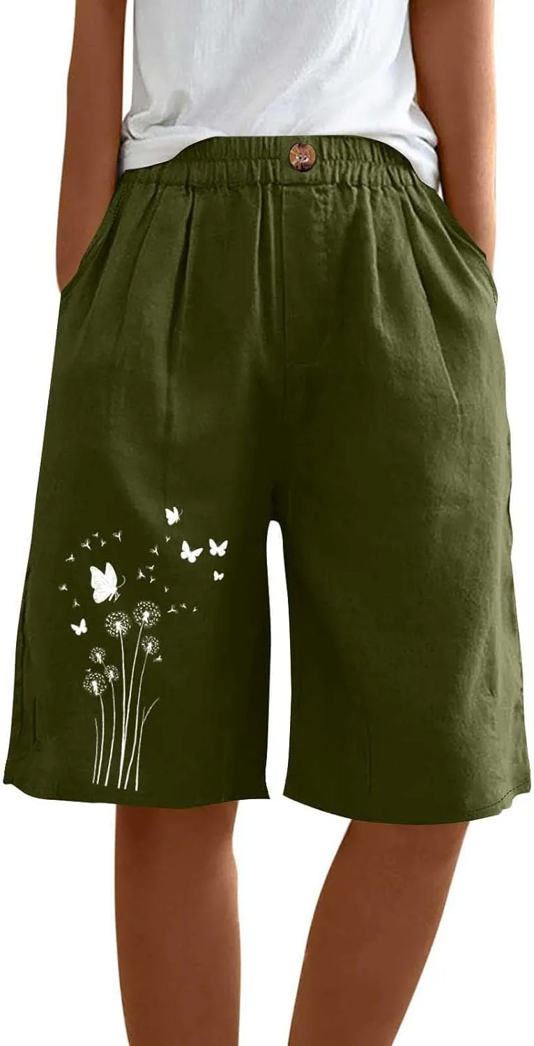 Bermuda Shorts for Women Elastic Waisted Knee Length Lounge Shorts Causal Dandelion Walking Short Pant with Pockets