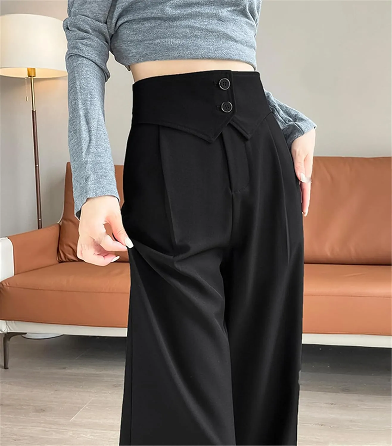 Betusline Women's High Waist Casual Straight Wide Leg Dress Pants