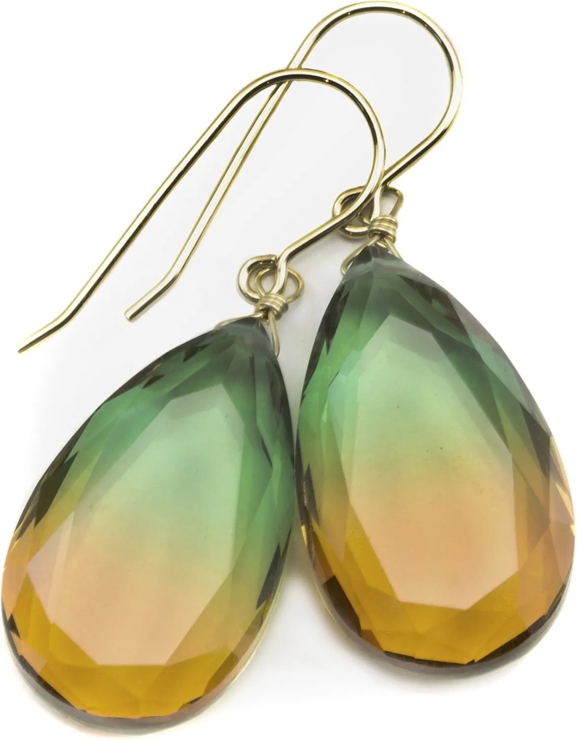 Bi Color Simulated Tourmaline Earrings Honey Yellow Green Bi-colored Large Drops