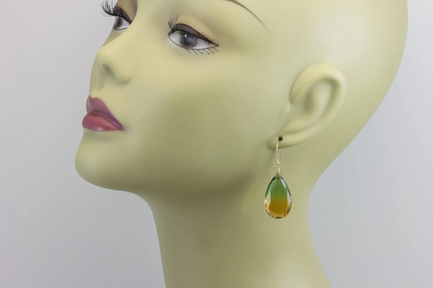 Bi Color Simulated Tourmaline Earrings Honey Yellow Green Bi-colored Large Drops
