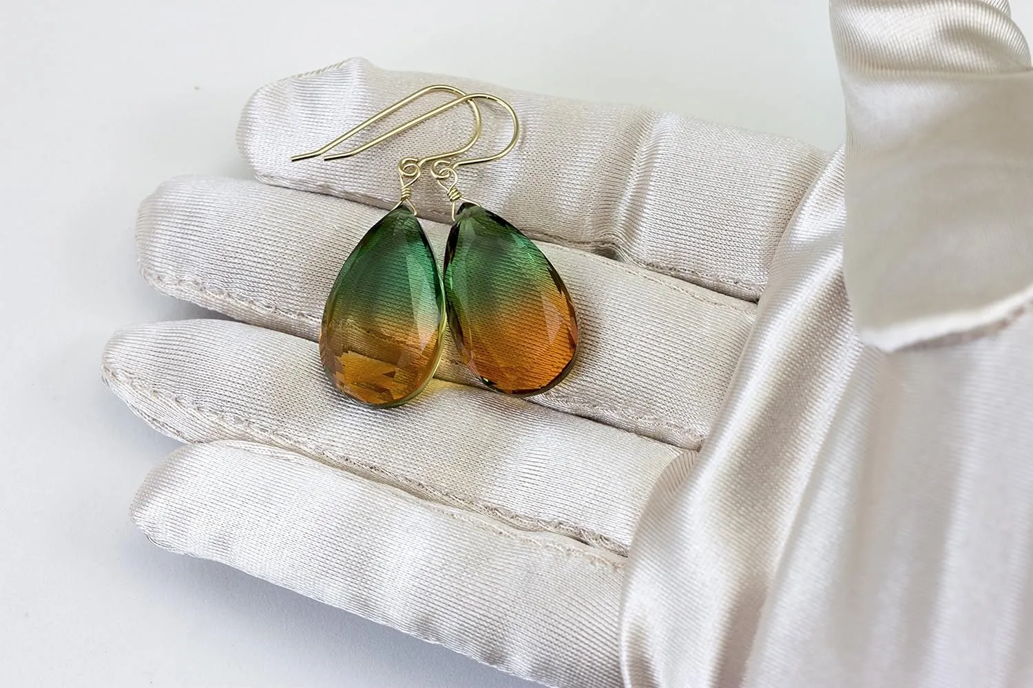 Bi Color Simulated Tourmaline Earrings Honey Yellow Green Bi-colored Large Drops