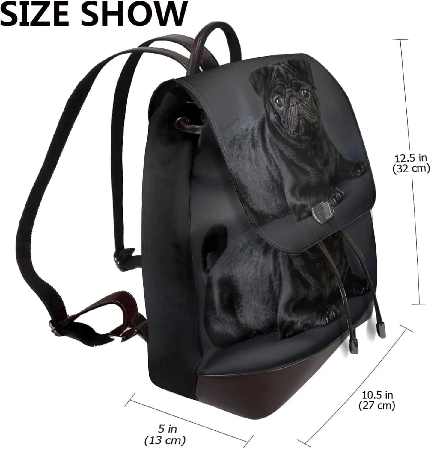 Black pug Backpack Purse for Women Men Large Womens Backpack Leather Travel Casual Daypack Fashion Backpack Purse Designer Ladies Shoulder Bags