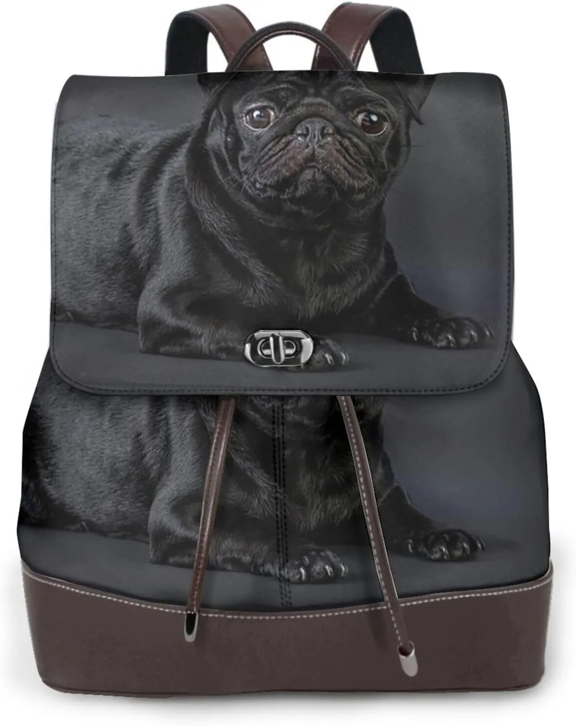 Black pug Backpack Purse for Women Men Large Womens Backpack Leather Travel Casual Daypack Fashion Backpack Purse Designer Ladies Shoulder Bags