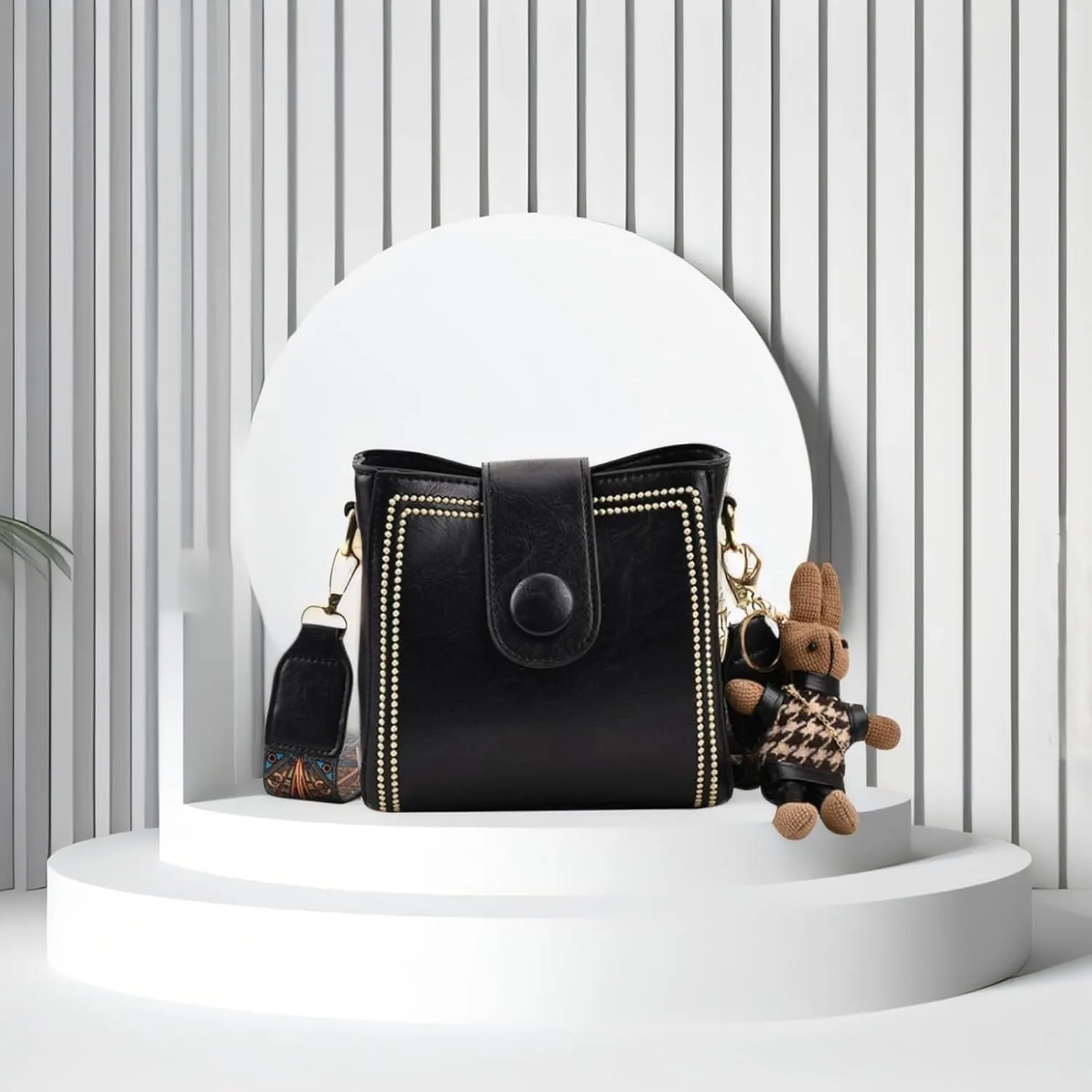 Bootara Bucket Bag, Fashion Crossbody Bag, Leather Crossbody Purse with Vintage Bunny Charm for Women with Adjustable Strap
