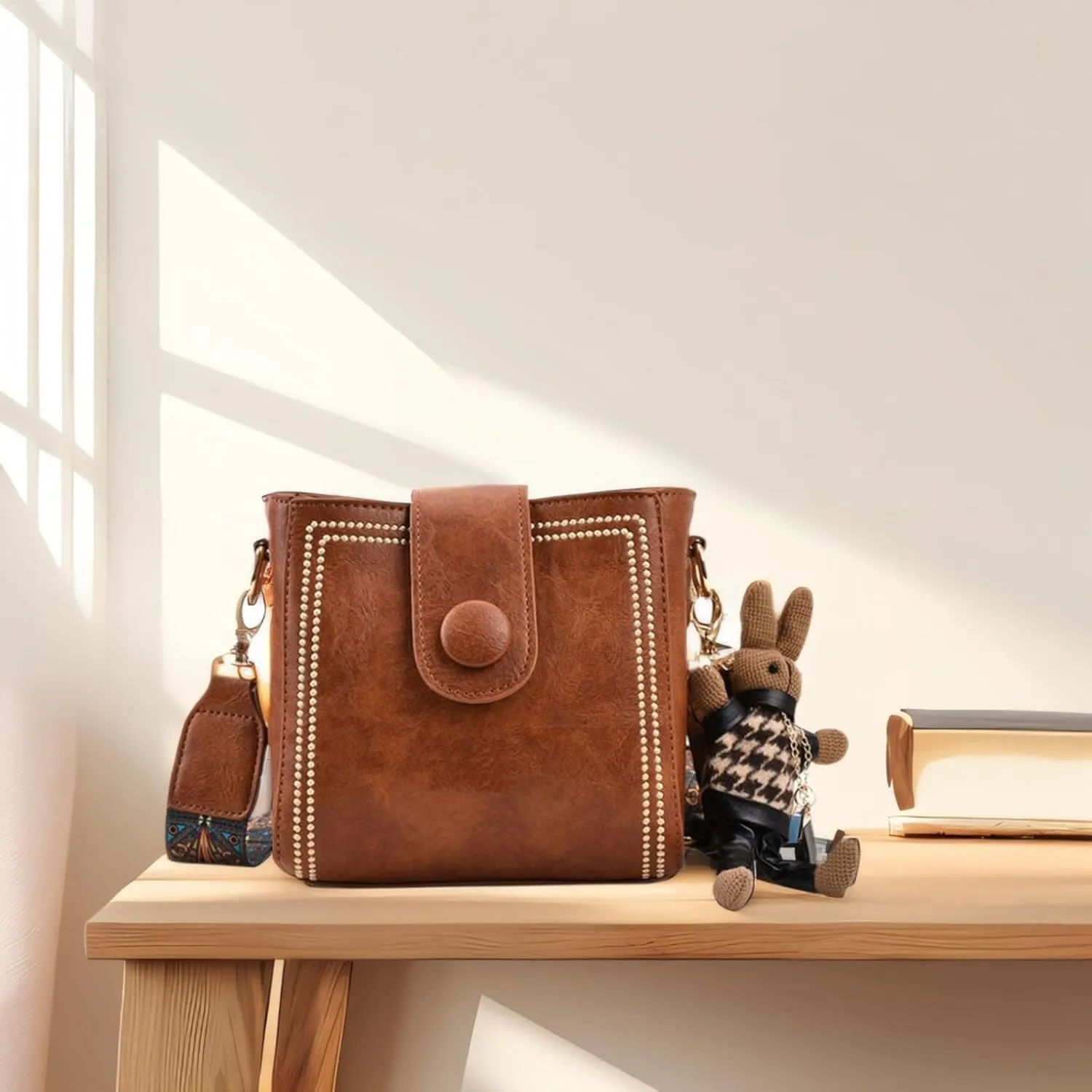 Bootara Bucket Bag, Fashion Crossbody Bag, Leather Crossbody Purse with Vintage Bunny Charm for Women with Adjustable Strap