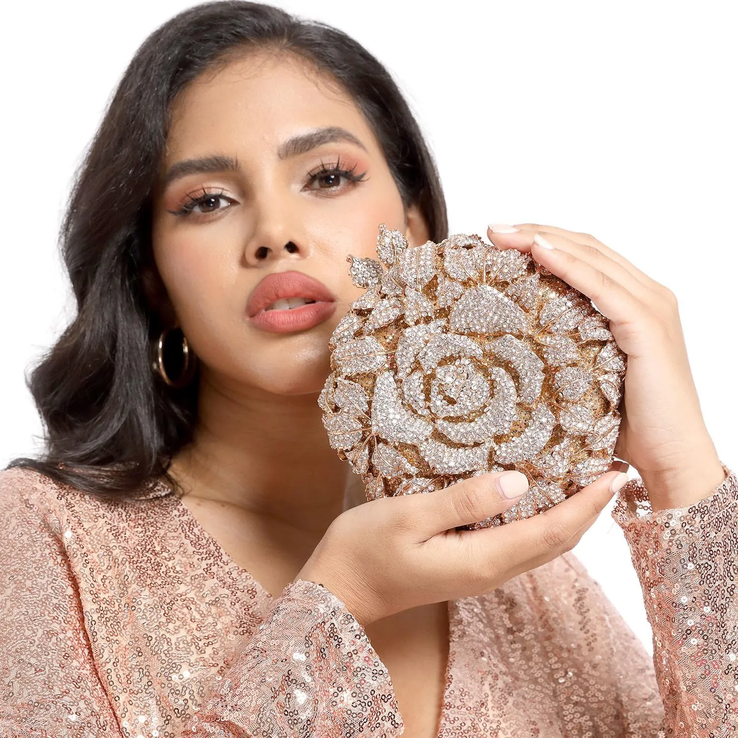 Boutique De FGG Round Rose Flower Crystal Clutch Purses for Women Formal Evening Bags Wedding Clutch Bag Party Handbags,Mini