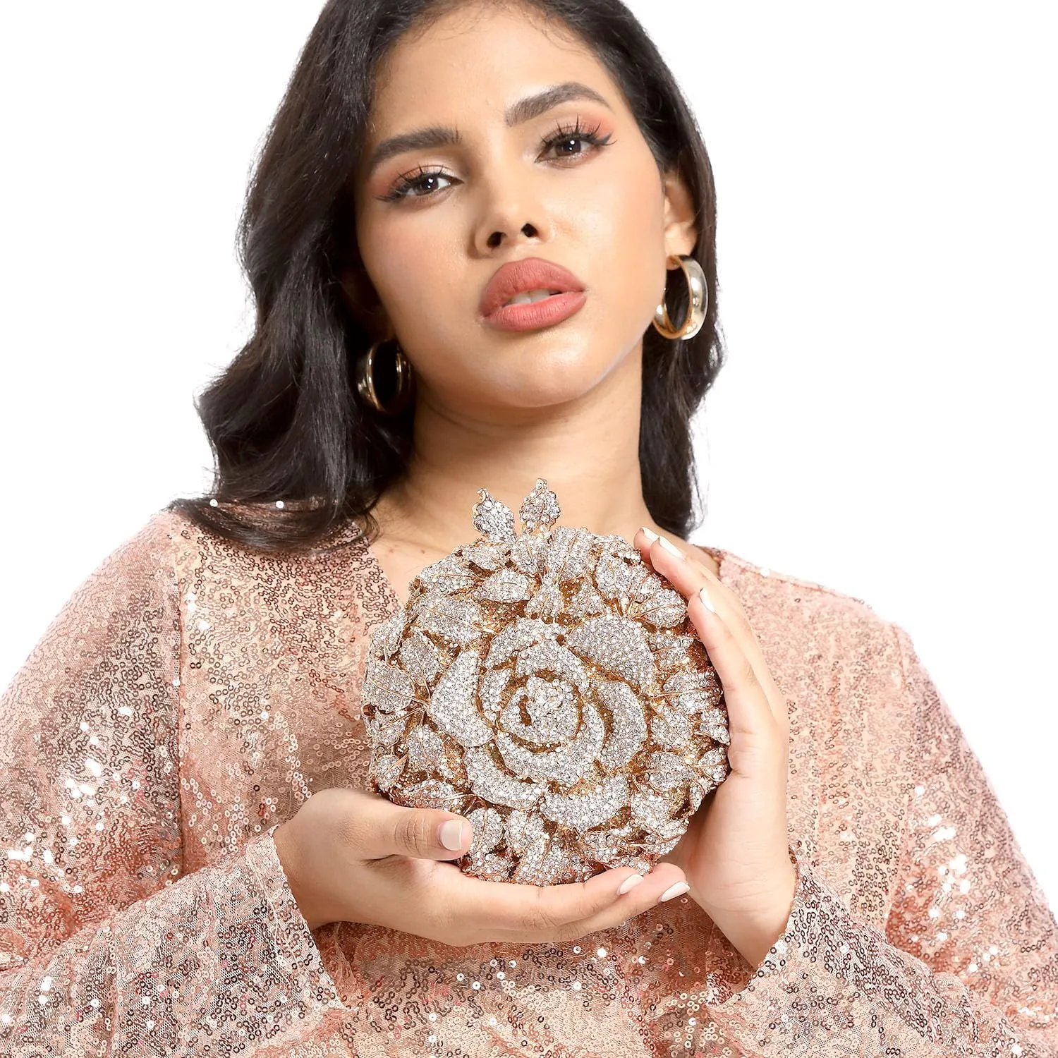 Boutique De FGG Round Rose Flower Crystal Clutch Purses for Women Formal Evening Bags Wedding Clutch Bag Party Handbags,Mini