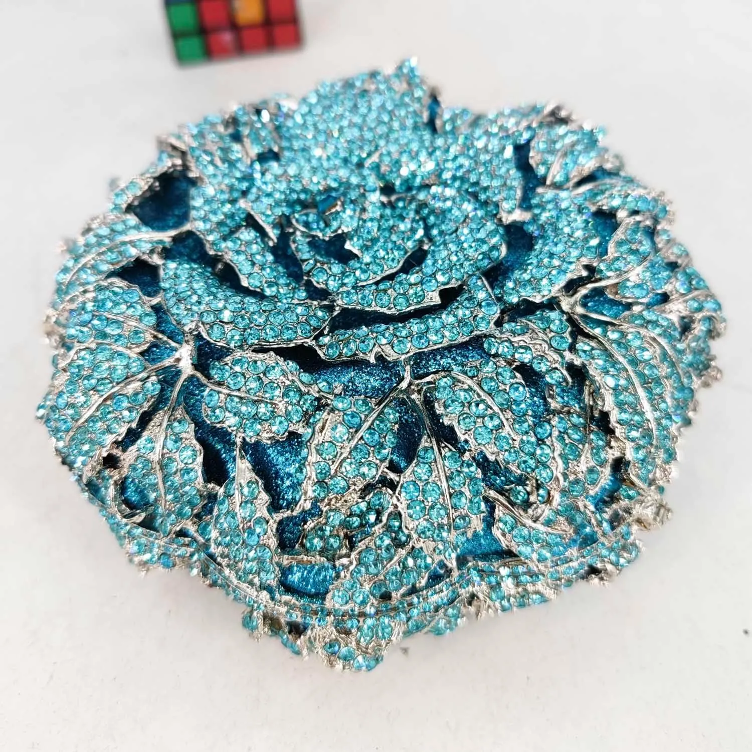 Boutique De FGG Round Rose Flower Crystal Clutch Purses for Women Formal Evening Bags Wedding Clutch Bag Party Handbags,Mini