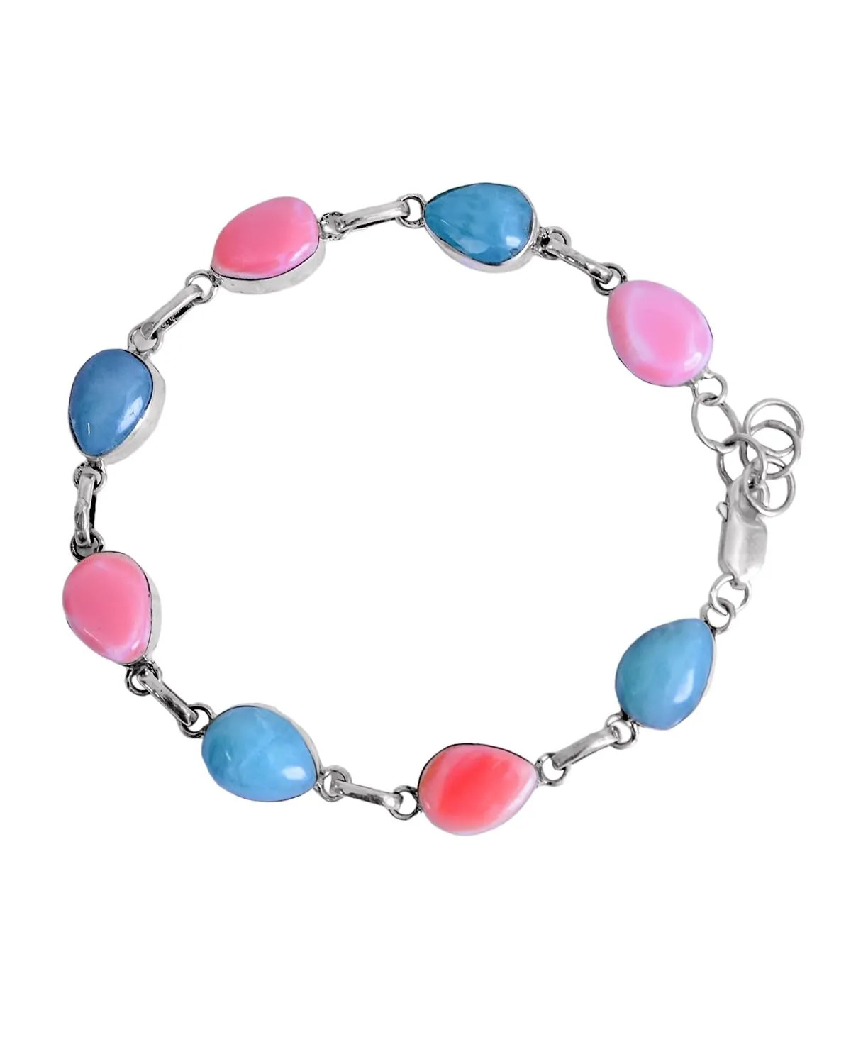 Bracelet, 925 silver bangle with natural larimar drops and pink-fuchsia conch shell, 8 inches in length. Premium handmade bracelet.