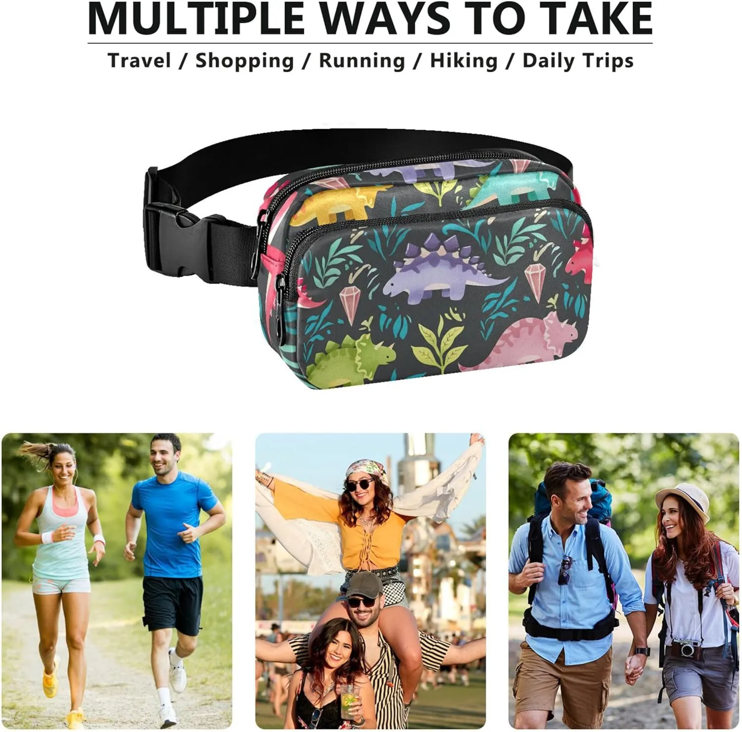 Bright Colorful Dinosaur Waterproof Fanny Packs Women Belt Bag Hip Pack Trendy Cross Body Waist Pack