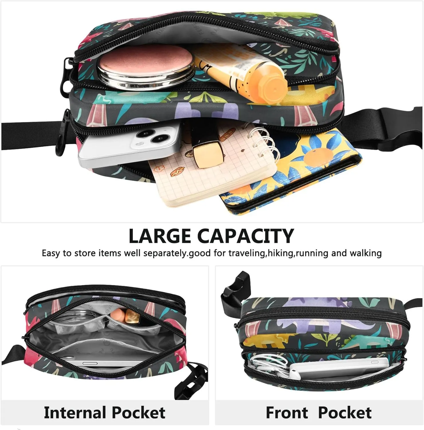 Bright Colorful Dinosaur Waterproof Fanny Packs Women Belt Bag Hip Pack Trendy Cross Body Waist Pack