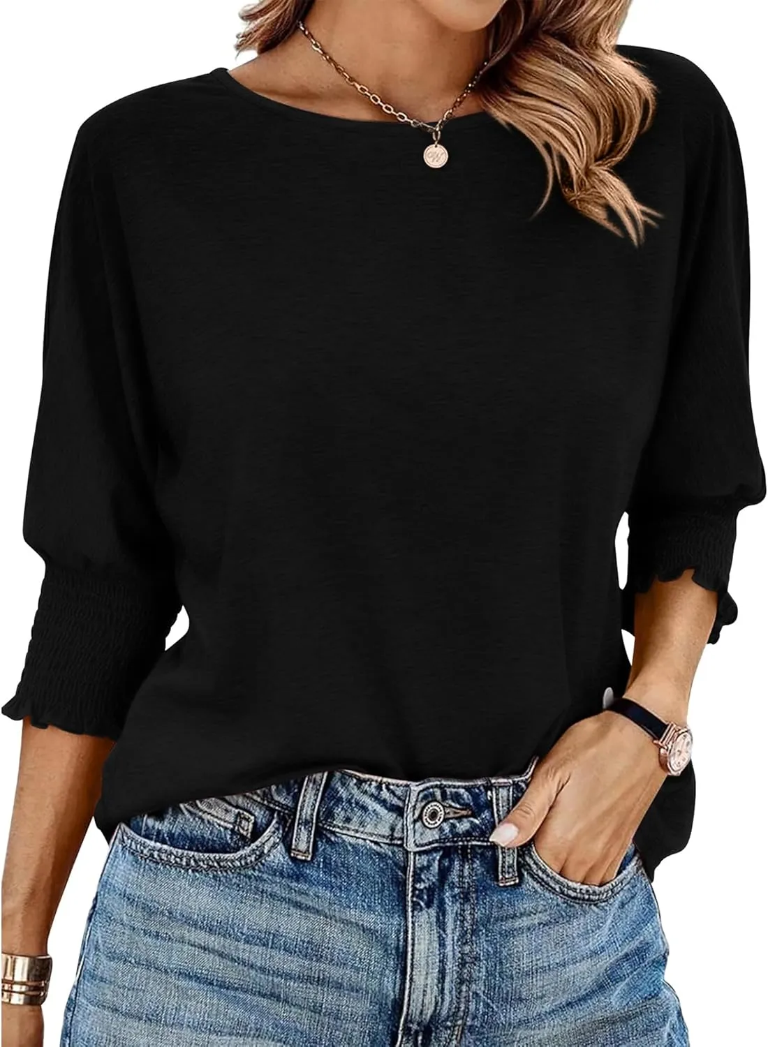 BTFBM Womens Casual Tops Dressy Spring Summer T Shirts 2025 Crewneck 3/4 Sleeve Loose Tunic Beach Vacation Blouse