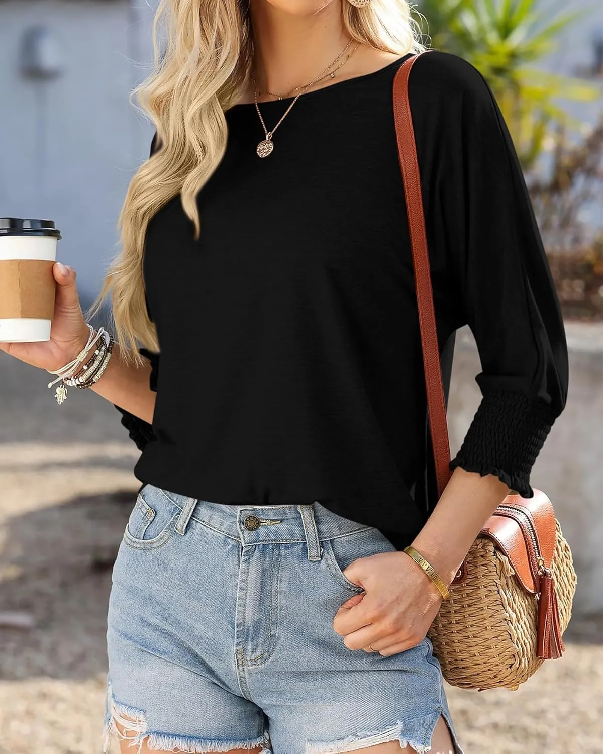 BTFBM Womens Casual Tops Dressy Spring Summer T Shirts 2025 Crewneck 3/4 Sleeve Loose Tunic Beach Vacation Blouse