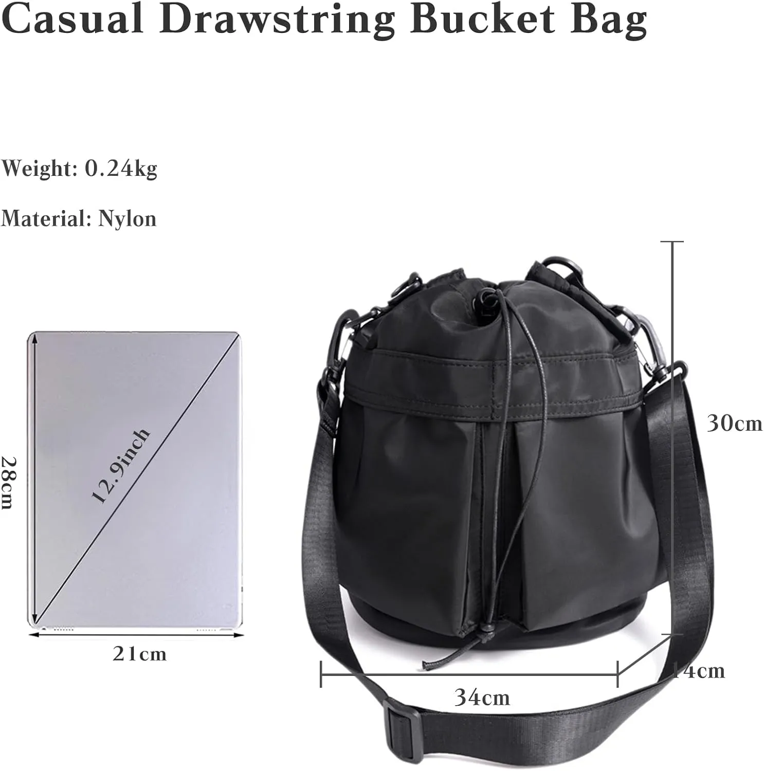 Bucket Bag for Women - Waterproof Nylon Tote Handbag with Drawstring Closure - Casual Shoulder Bag with Top Handle
