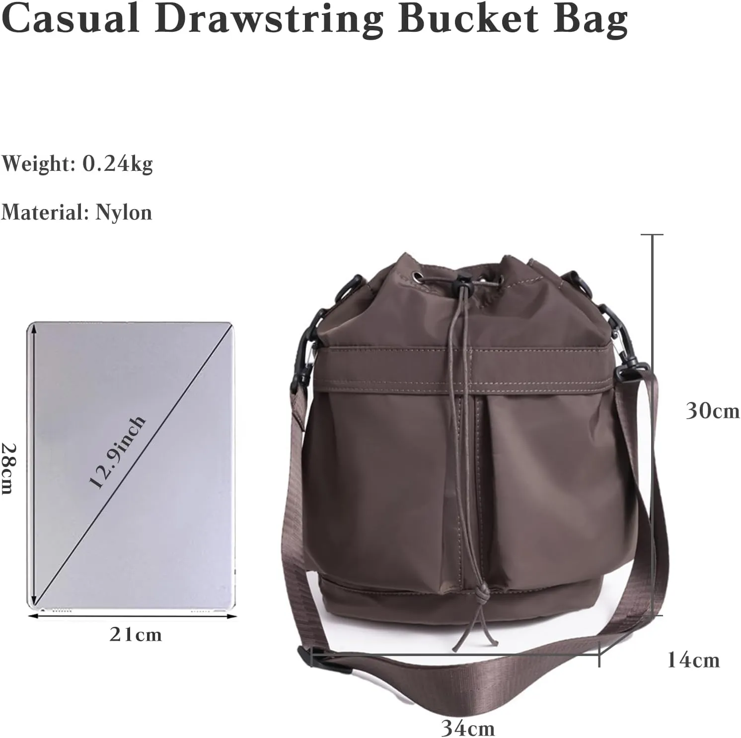 Bucket Bag for Women - Waterproof Nylon Tote Handbag with Drawstring Closure - Casual Shoulder Bag with Top Handle