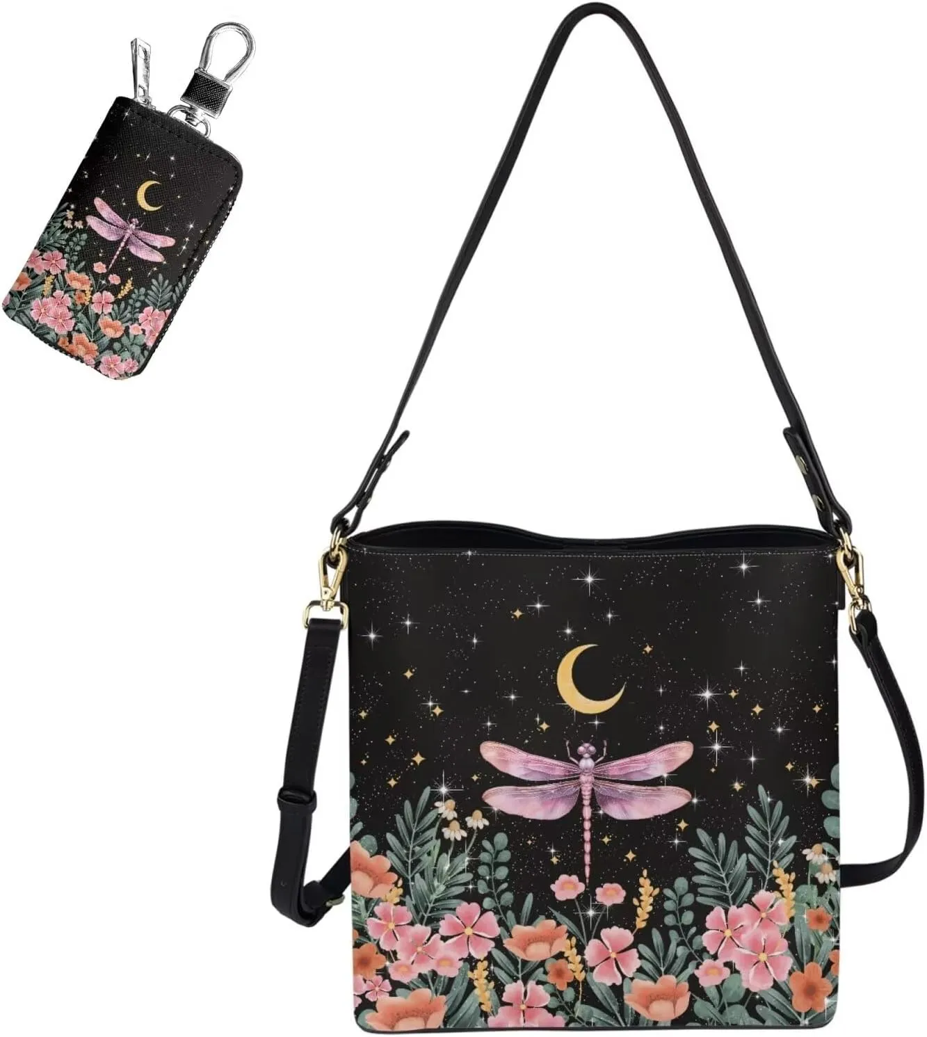 Bucket Bag with Car Key Bag 2 Pcs Set Leather Shoulder Handbag Crossbody Bag with Detachable Strap for Women