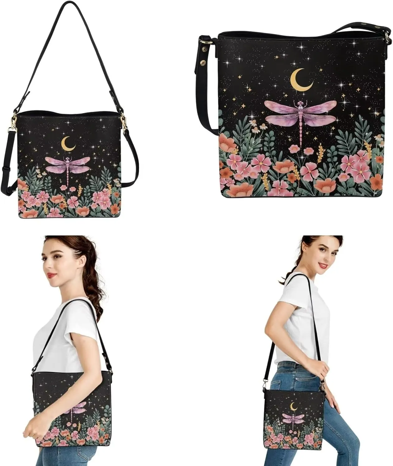 Bucket Bag with Car Key Bag 2 Pcs Set Leather Shoulder Handbag Crossbody Bag with Detachable Strap for Women