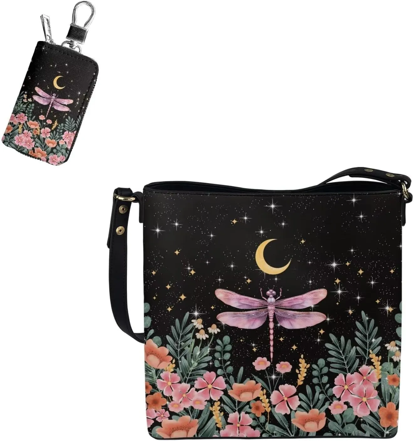 Bucket Bag with Car Key Bag 2 Pcs Set Leather Shoulder Handbag Crossbody Bag with Detachable Strap for Women