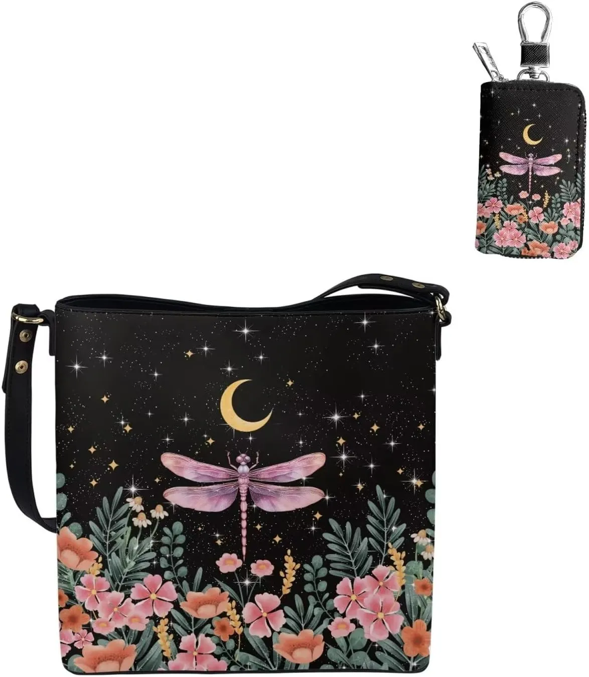Bucket Bag with Car Key Bag 2 Pcs Set Leather Shoulder Handbag Crossbody Bag with Detachable Strap for Women
